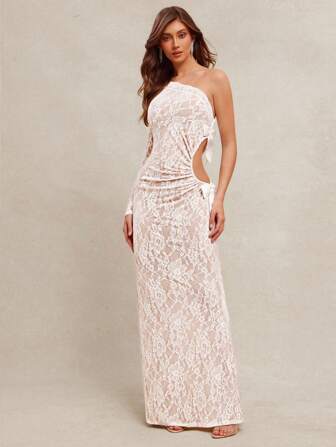 L'Amorae 女士优雅婚礼活动蕾丝长裙，带镂空和蝴蝶结细节