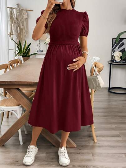 SHEIN Maternity Elegant Puff Sleeve Solid Color Bodycon Dress, Summer