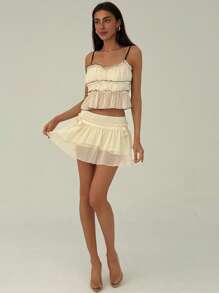 Aloruh 可爱年轻女士杏色低腰蝴蝶结褶饰蛋糕迷你裙 - 杏色 - 查看 5