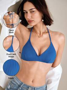 SHEIN Swim 女士蓝色音乐节优雅镂空简约背心，适合春季、夏季、海滩、度假 - 藍色 - 查看 1