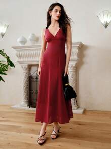 SHEIN LUNE Women's Chiffon Splicing Waist Gathering Color-Blocking Midi Elegant Dress - Burgundy - View 6