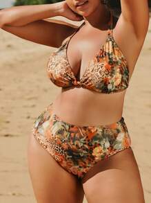 Swim SXY 2pcs Plus Size Women Floral Leopard Print Bikini Top And Matching Leopard Print High-Low Skirt Beachwear Set For Summer Beach Vacation - Multicolor - View 6