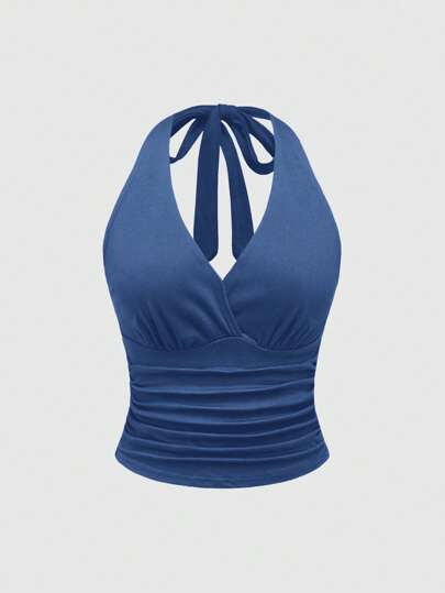 Grunge Punk Top sin mangas de unicolor azul con cuello halter y espalda abierta, para verano