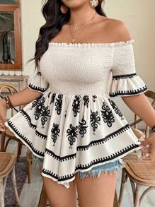 SHEIN Clasi 大码休闲节日印花露肩收腰不对称下摆衬衫 - 杏色 - 查看 3