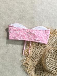 Swim Mod 2pcs Women Summer Floral Textured Spaghetti Strap Side Ruched Bikini Set, Swimwear Top