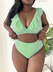 Slaydiva Plus Size Women V-Neck Split One-Piece Swimsuit, Fashionable Casual Beach Vacation Set For Summer