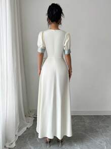 Elenzga Elegante vestito lungo da donna con scollo quadrato, coulisse e tessuto jacquard