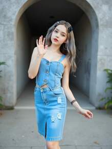 Conjunto de 2 piezas para niñas preadolescentes con top de tirantes y falda vaquera, estilo casual elegante y preparatoria