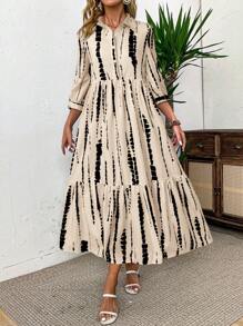 Breezaya 女士扎染图案休闲中长袖连衣裙，秋季长款度假海滩装 - 杏色 - 查看 6