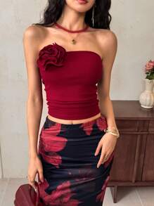 EastFlair Women's Elegant Solid Color 3D Floral Decor Bandeau Top - Red - View 4