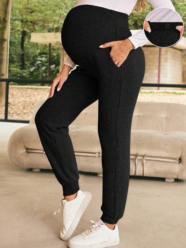 SHEIN Pantalones de maternidad de unicolor con bolsillos, ajustables en la cintura y con cordón