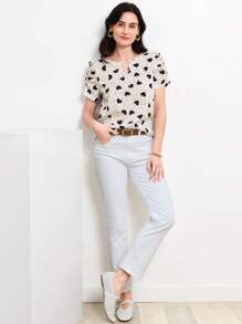 Miaspire Polka Dot & Heart Print Puff Sleeve Keyhole Neck Blouse - Black and White - View 3