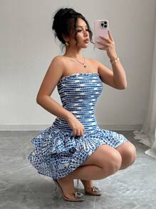 Elenzga Women's All-Over Print Layered Ruffle Hem Sleeveless Mini Dress - Blue and White - View 3