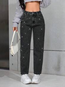 SHEIN PETITE Casual Distressed Rhinestone Cone Shaped Jeans - Dark Grey - View 1