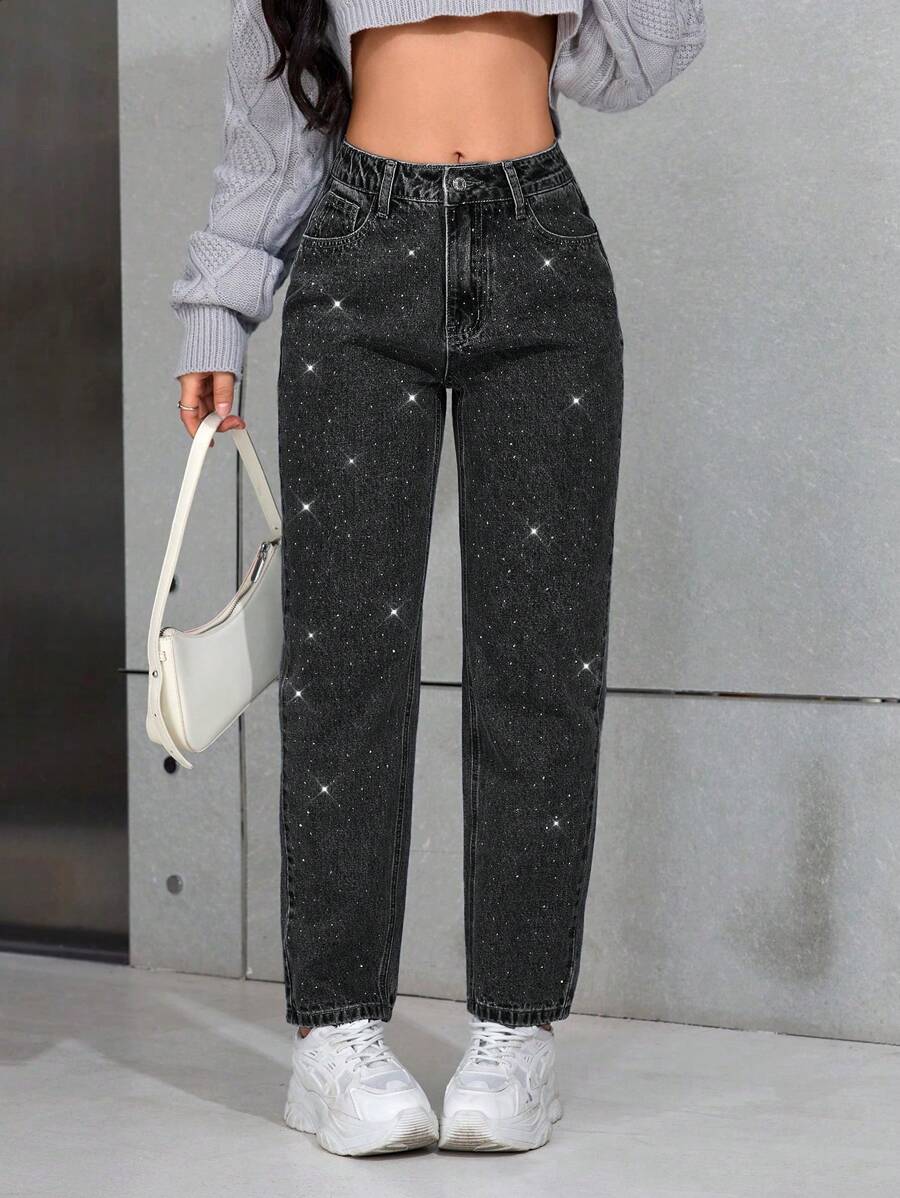 SHEIN PETITE Casual Distressed Rhinestone Cone Shaped Jeans - Dark Grey - View 1