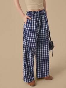 SHEIN Unity Women's Plaid Straight Leg Loose Casual Pants, Versatile, Summer For Women - Blue - View 2
