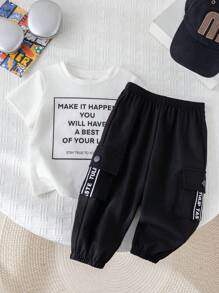 SHEIN 2 peças/conjunto Roupa casual de bebê meninos/meninas, Camiseta de manga curta com gola redonda, bolso, cinto e botão de pressão contrastante com estampa de letra, e Calças, Adequado para uso na Primavera/Verão - Preto e Branco - Visão 5