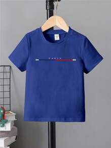 SHEIN Kleine Jungen Paris Linien Muster Rundhals Kurzarm Basis Lässig T-Shirt, Marine Blau