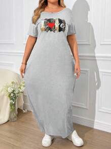 SHEIN LUNE Vestido largo estampado de talla grande para mujer - Gris Claro - Ver 4