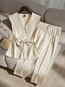 SHEIN PETITE Women's Elegant Minimalist Solid Color Top And Pants 2 Pieces Outfit - Apricot - View 3