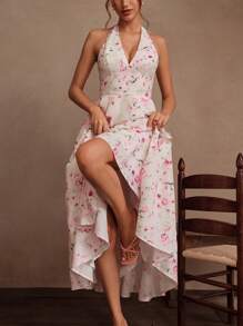 Savoree Elegant & Dignified Floral Allover Print Backless Halter Dress - Pink - View 4