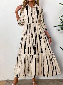 Breezaya 女士扎染图案休闲中长袖连衣裙，秋季长款度假海滩装 - 杏色 - 查看 3