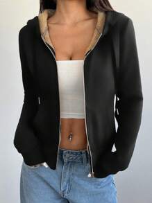 SHEIN Unity Áo hoodie dệt kim co giãn kiểu Mỹ cổ điển ôm sát, tay dài có túi, lót nhiệt dành cho nữ. Mùa xuân dành cho nữ tốt nghiệp, trở lại trường, tốt nghiệp, giáo viên dành cho nữ, áo nỉ chui đầu trở lại trường mùa thu - màu đen - Xem 5