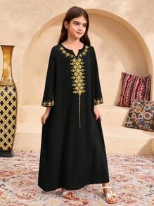 SHEIN Leap Crew Tween Girls Casual Vacation Print Loose Flowy 3/4 Sleeve Robe - Black - View 1