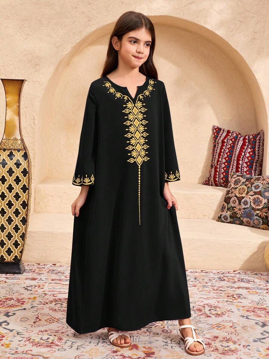 SHEIN Leap Crew Tween Girls Casual Vacation Print Loose Flowy 3/4 Sleeve Robe - Black - View 1