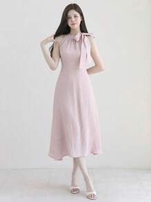 DAZY Váy cưới dài vừa phải không tay, ôm sát, màu trơn, thắt nơ thanh lịch dành cho nữ, váy cưới vải lanh mùa xuân/hè dành cho nữ - Hồng - Xem 4