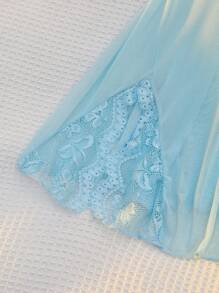 Eraneu Lace & Mesh Splice Front Slit Sexy Nightdress + Thong 2 Pieces Set For Women