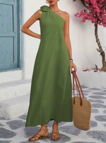 Breezaya Women's French Elegant Loose Casual/Office/Holiday Solid Color Linen Oblique Shoulder Sleeveless Dress With 3D Floral Decor And Side Slit