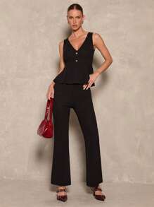 Glamine Women's Solid Color Front Button Sexy V-Neck Sleeveless Loose Flared Tank Top - Black - View 8