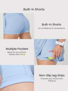 GLOWMODE Quick-Dry Sweat-Wicking Built-In Cups Square-Neck Dress With Built-In Shorts Side Pockets Non-Slip Grips Tennis Golf Gym Daily Casual - Baby Blue - View 6