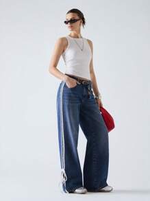 LYSMO Cowboy For Women Summer Blue Woven Side Stripe Pocket Straight Leg Jeans - Blue - View 4