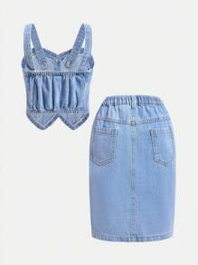 Conjunto de 2 piezas para niñas preadolescentes con top de tirantes y falda vaquera, estilo casual elegante y preparatoria
