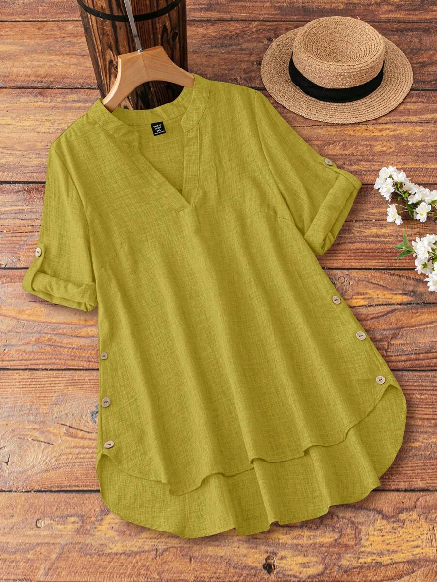 EMERY ROSE Plus Size Solid Color Notched Neck Casual Short Sleeve Shirt, Summer - Mustard Yellow - View 1