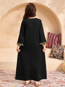 SHEIN Leap Crew Tween Girls Casual Vacation Print Loose Flowy 3/4 Sleeve Robe - Black - View 2