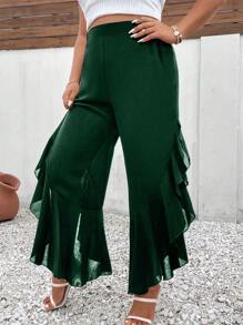SHEIN Unity Plus Size Women Solid Color High Waist Ruffle Hem Wide Leg Casual Pants - Dark Green - View 4