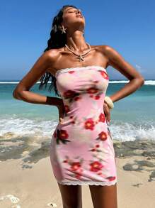 Opulessa Women's Beach Fitted Knit Printed Mesh Mini Tube Dress - Pink - View 5