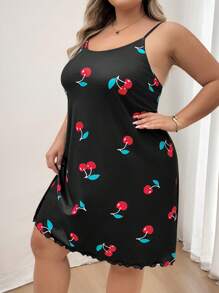 SHEIN CURVE+ 大码樱桃印花连衣裙，夏装 - 黑色 - 查看 6