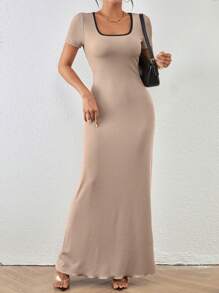 SHEIN Clasi Vestido maxi elegante y ajustable de cintura entallada de cuello cuadrado de color liso para mujer, vestido bohemio/boho/de festival de verano largo para mujer