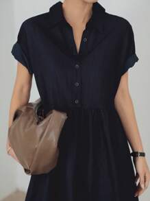 Dazy-Less Robe d'été mi-longue décontractée en lin à manches courtes, taille cintrée, couleur unie, style "Old Money", robe chemise décontractée pour femmes, tenue de professeur - Bleu marine - Voir 8