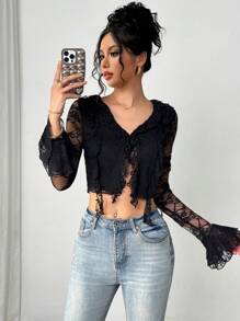 SHEIN Privé Versatile Lace Textured Black Blouse With Ruffle Trim & Ribbon,Elegant Women Night Out Summer Shirt, Western Club Wear,Old Money Style Cute Top - Black - View 7