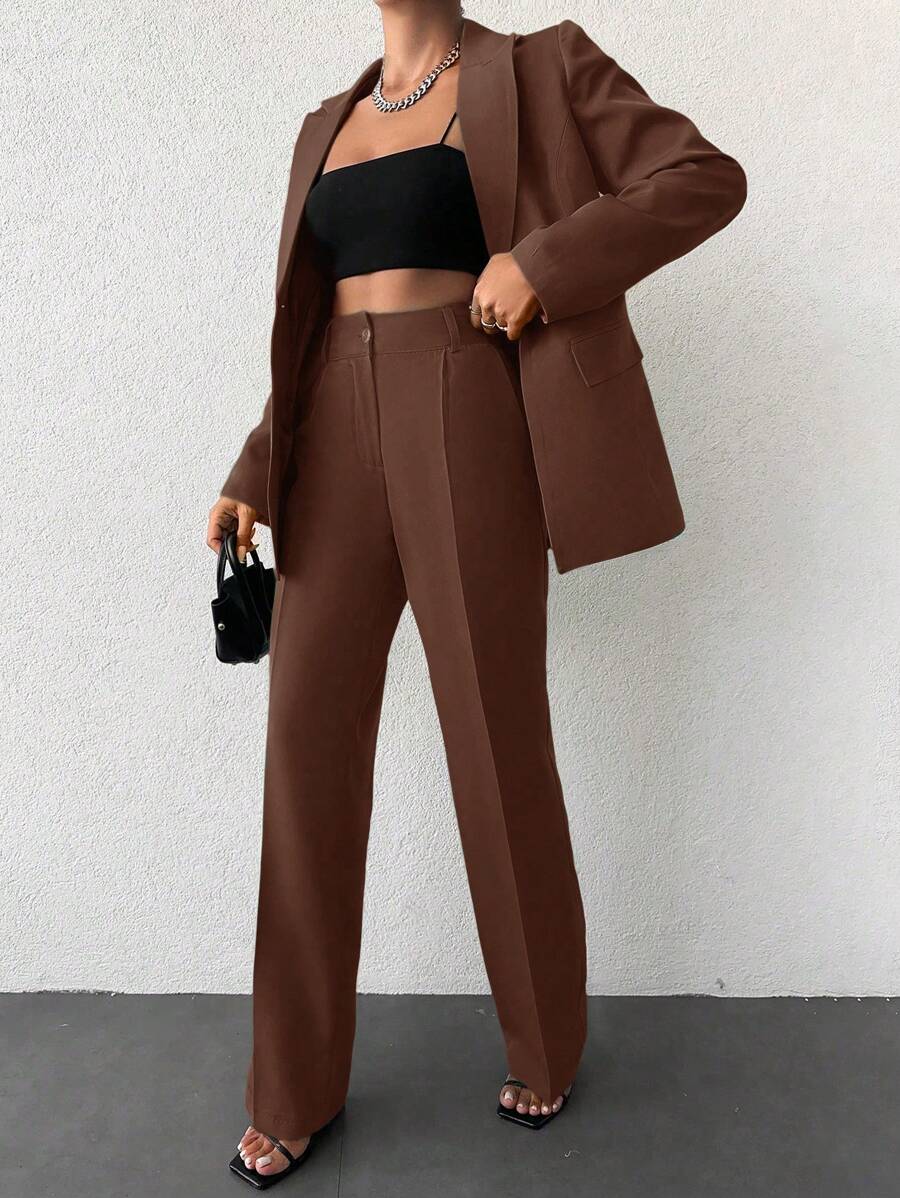 EURMUSE Solid Color Lapel Suit - Brown - View 1