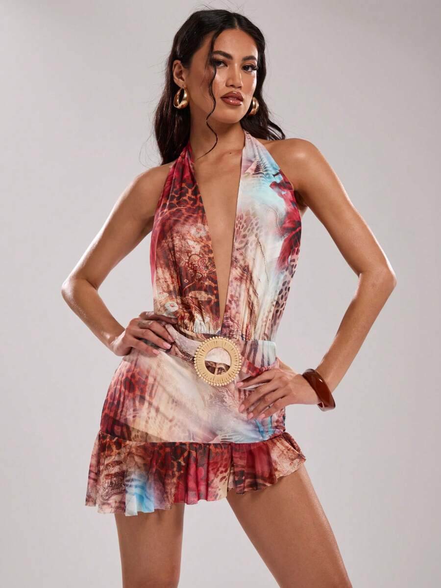 SHEIN BAE 女式全身动物与花卉网眼印花不对称荷叶边下摆露背无袖连衣裙，适合海滩、度假、音乐节、派对、节日、庆典 - 彩色 - 查看 1