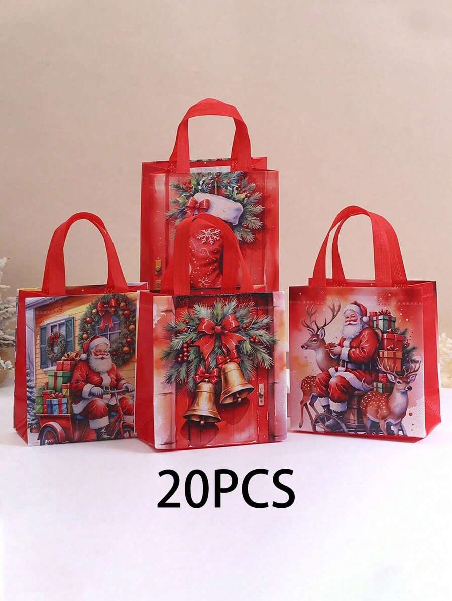 4/12/20pcs Gift Bags With Santa Claus Print - Reusable Party Gift Tote Bags For Presents - Non-Woven Retail Shopping Bags With Handles For Holiday & Birthday Gifts, Valentine's Day, Valentines Wedding, Birthday,Christmas Decorations, Suplies
