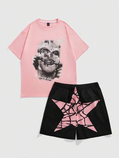 Street Life 2pcs/Set Men's Casual Round Neck Short Sleeve T-Shirt And Shorts, Simple And Fashionable, Suitable For Summer