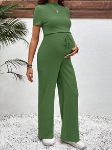SHEIN 2pcs/Set Pregnancy Leisure Solid Color Short Sleeve Top And Pants Set - Green - View 5