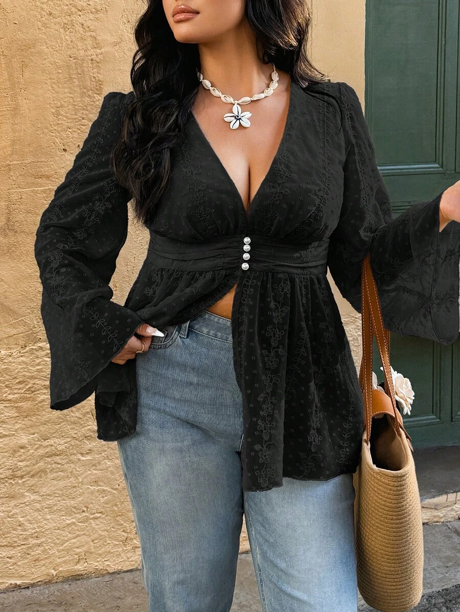 Calvaya Plus Size Elegant V-Neck Floral Embroidered Flared Sleeve Blouse - Black - View 1